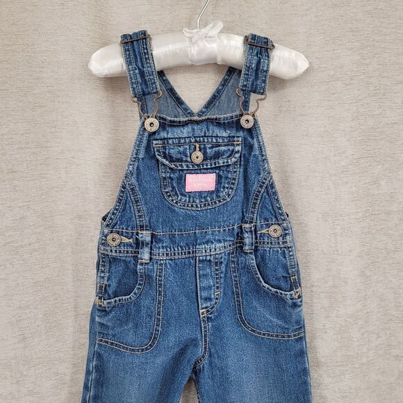 Oshkosh Vestbak Denim Blue Jean Kids Overalls Girls Pink Accents Size 2T - Picture 3 of 15